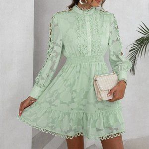 mint green Lace Panel Long sleeve Shirred Waist Ruffle Hem Dress